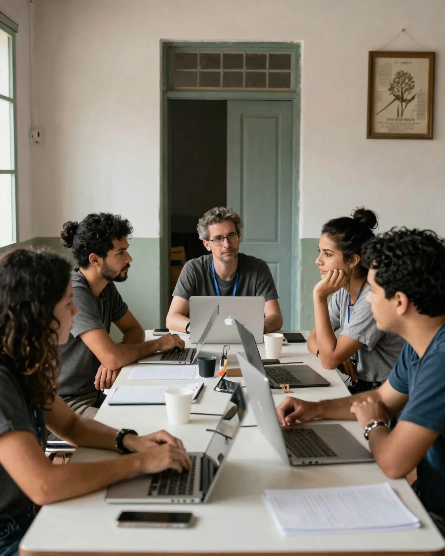 Retrato ambiental de profissionais da equipe conversando em uma mesa de trabalho com luz natural suave, documental, sem
