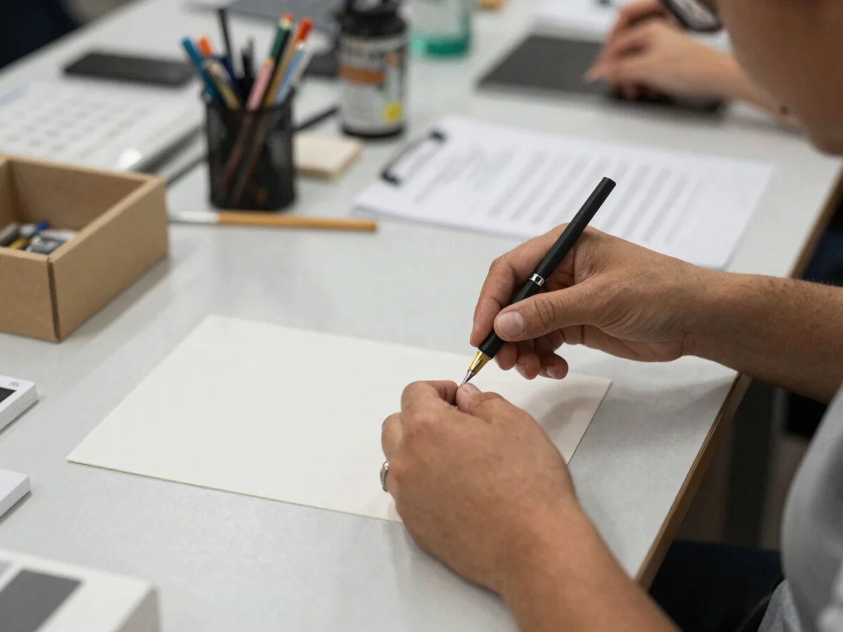 Detalhe próximo de mãos e materiais ligados à atividade real da empresa sobre uma mesa de trabalho, luz natural suave, f