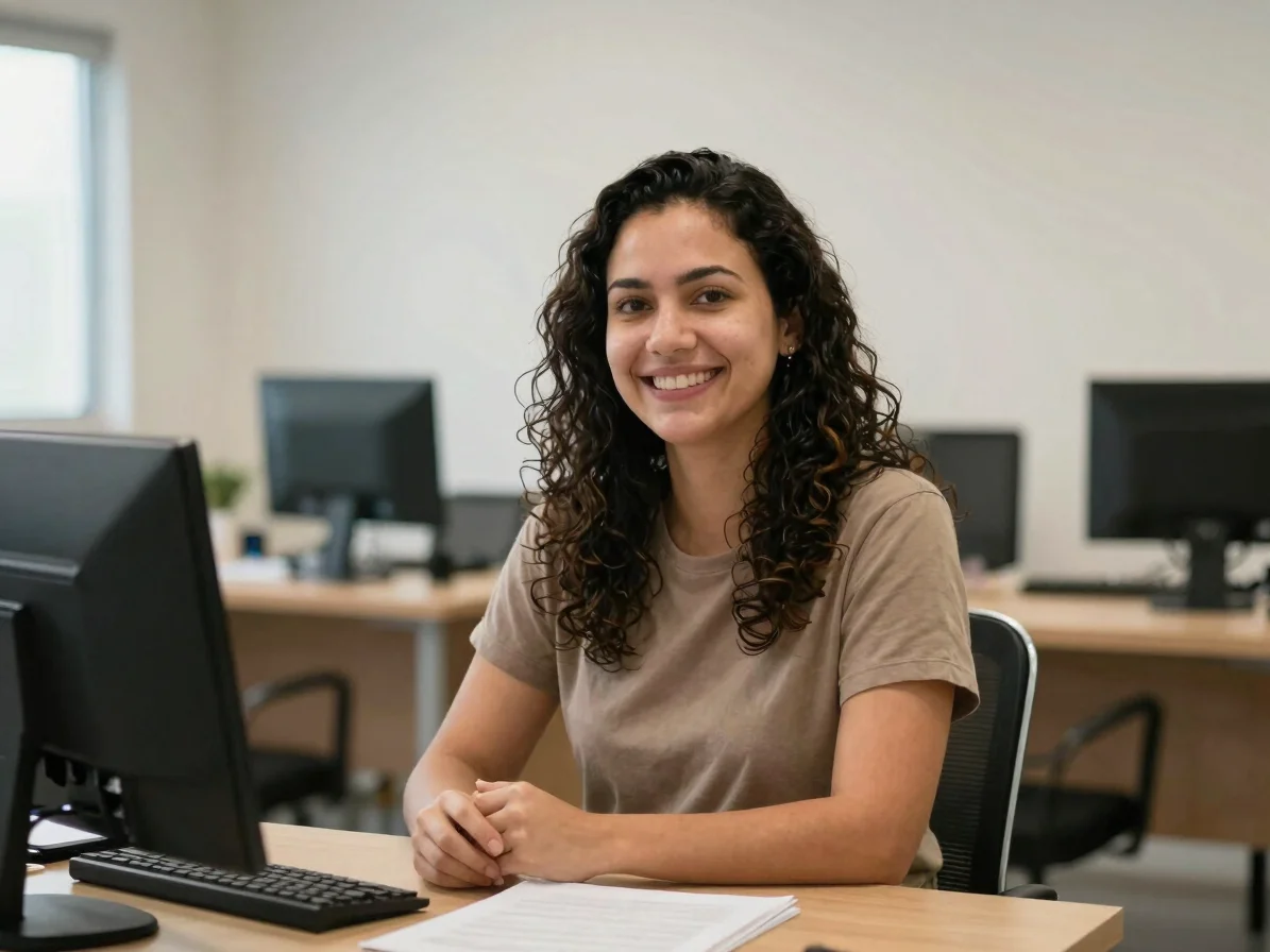 Retrato ambiental de uma profissional da equipe em um espaço de atendimento, luz natural suave, postura natural e não po